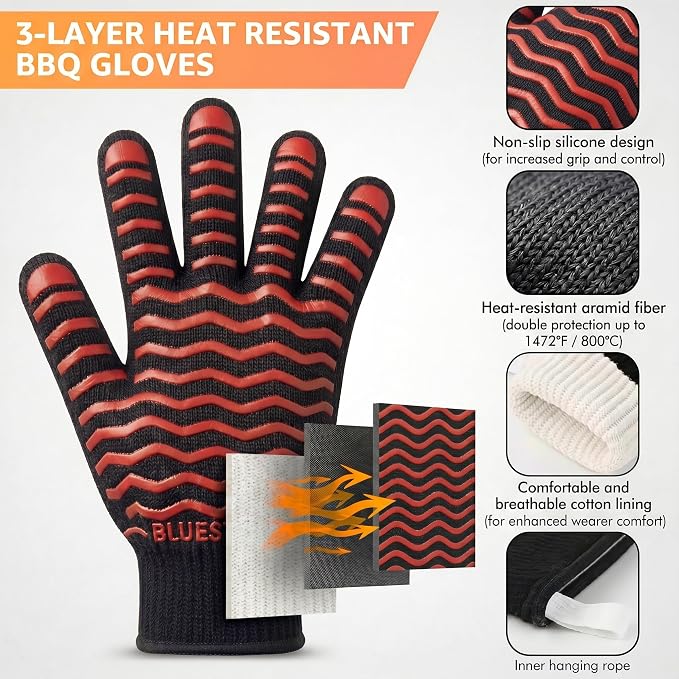 BBQ Gloves 1472°F Heat Resistant Oven Gloves with Fingers Heat Proof Grill Gloves Non-Slip Silicone Oven Mitts for Kitchen Cooking Grilling Baking Smoking