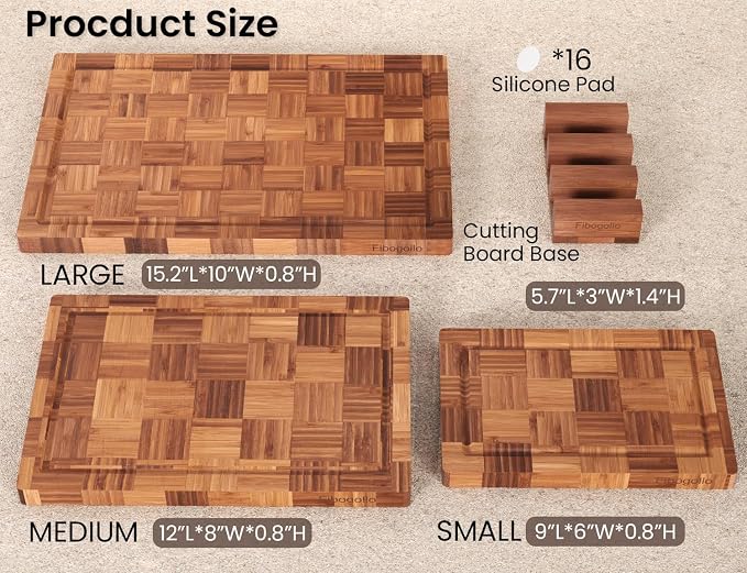 Fibogollo Set of 3 Bamboo Kitchen Cutting Boards with Juice Groove | Chopping Boards Set,End Grain Bamboo Butcher Block with Storage Stand,Serving Board and Charcuterie with Holder