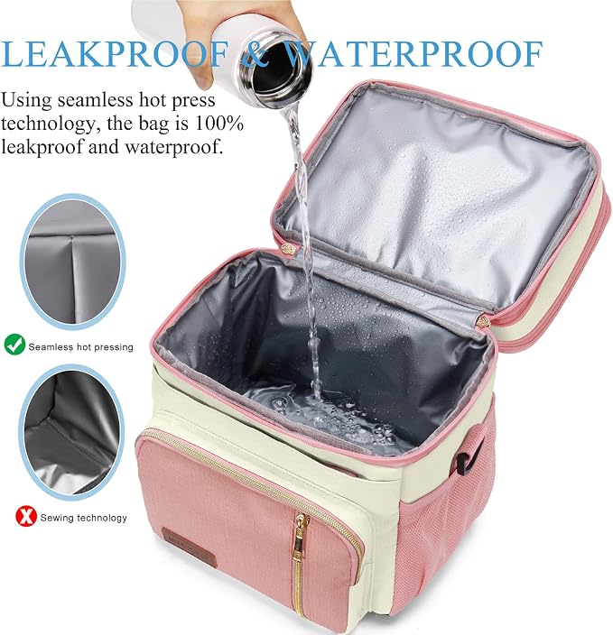 MIYCOO Lunch Bag & Lunch Box for Women Men, Double Deck Leakproof Insulated Soft Large Adult Camping Cooler bag for Work, Beach, Picnic, Travel (Pink White, 15L)