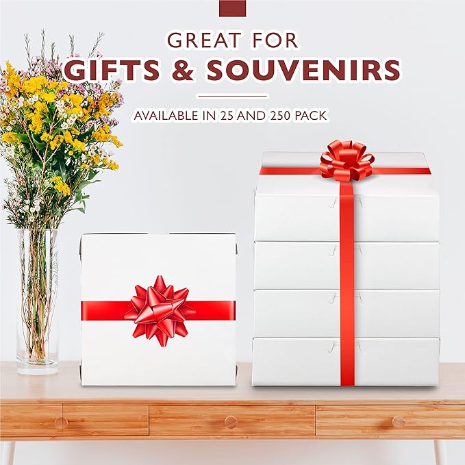 [250 Pack] Pastry Boxes - 9 x 9 x 3 Inch White Bakery Box for Cookies, Compostable Kraft Paper Cardboard for Baked Goods Packaging, Cake, Food, Donut, Cupcake, Candy, Bread, Bridesmaid Gift Box