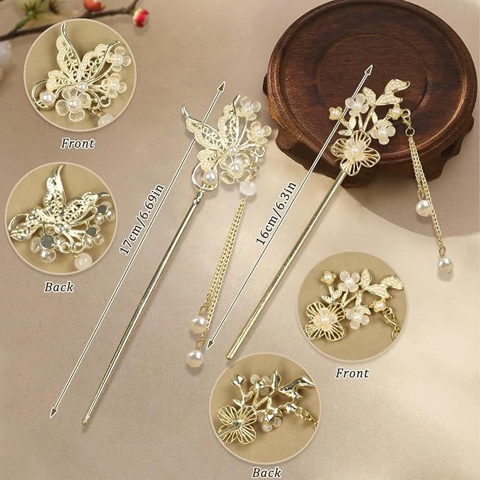 2Packs Lily of the Valley Chinese Hair Sticks for Buns, Pearl Flower Vintage Metal Hair Chopsticks for Women and Girls Dangle Tassel Pendant Accessories Hanfu Handmade Decor Hairpin (pearl white)