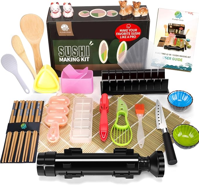 FUNGYAND Sushi Making Kit, 27-in-1 Complete Sushi Set | with Bazooka Roller, Nigiri & Musubi Presses, Bamboo Mats, Knife, Cutting Mold, Ceramic Dishes