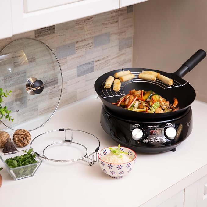 Nuwave Mosaic Induction Wok, Precise Temp Controls from 100°F-575°F in 5°F | Wok Hei, Infuse Complex Charred Aroma & Flavor, 3 Watts 600, 900 & 1500, Authentic 14-inch Carbon Steel Wok Included, Black