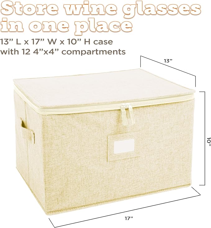 storageLAB Wine Glass Storage Case | Hard Shell Felt Dividers | Cream | Hard shell case holds 12 wine glasses in 4x4 felt compartments. Stackable, top-load, label tag. Cream linen finish.