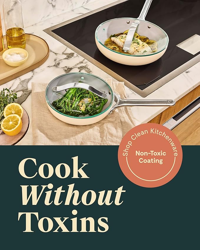Caraway Ceramic Nonstick Fry Pan Set with Glass Lids – Includes Two 10.5” Fry Pans, One 8” Fry Pan, & Three Lids - Non Toxic, PTFE & PFOA Free - Oven Safe & Compatible with All Stovetops - Gray