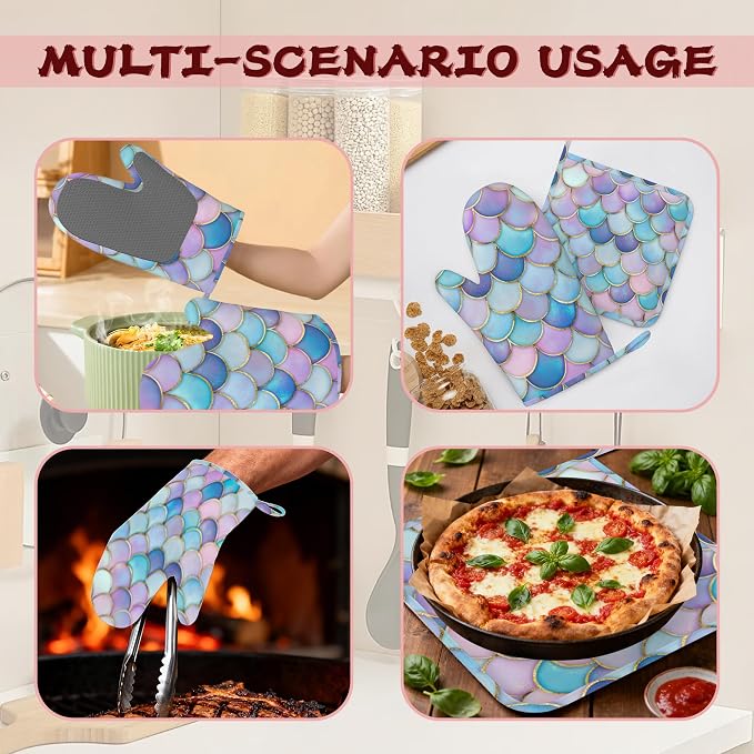Pink Mermaid Scales Heat-Resistant Silicone Oven Mitts and Pot Holders,Long Oven Gloves with Non-Slip Grip for Cooking, Baking, Grilling,BBQ