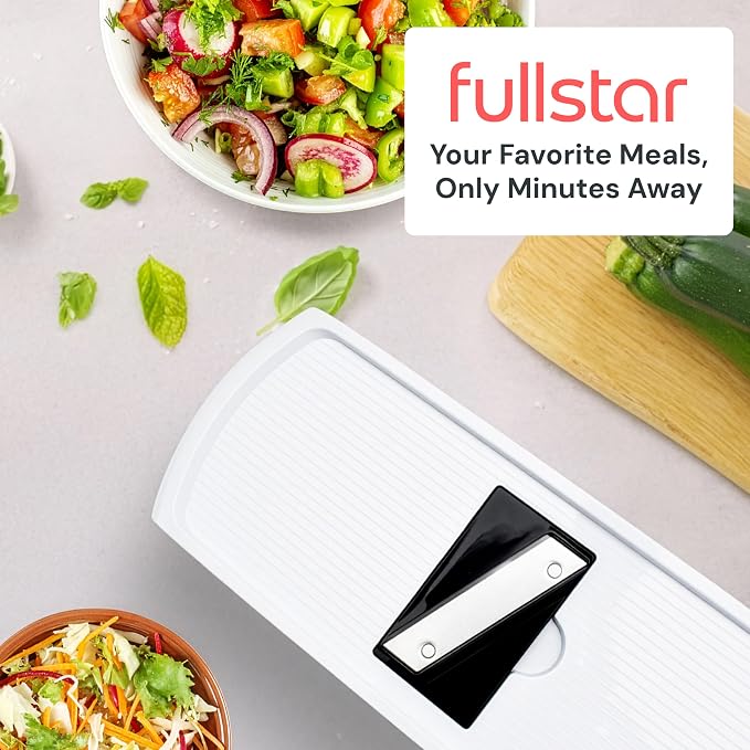 Fullstar Pro Original Vegetable Chopper & Mandoline Slicer Kitchen Gadget | 6 in 1 Veggie Slicer, Onion & Fruit Cutter with Sharp Stainless Steel Blades & Container, All-in-One Meal Prep Tool (White)