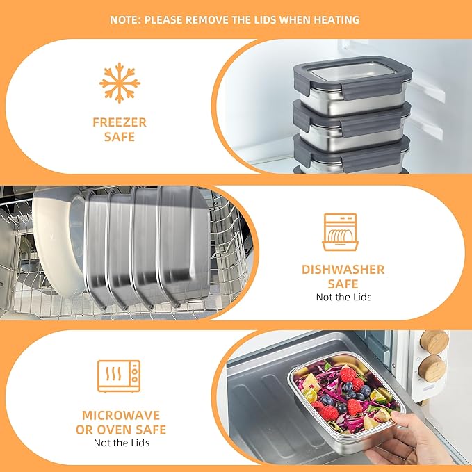 BEFOY 4PCS Stainless Steel Food Storage Container with Lids Bento Lunch Box Leak Proof & Airtight for Kitchen Meal Prep freezer Reusable & Stackable Oven Dishwasher Safe (650 * 4)