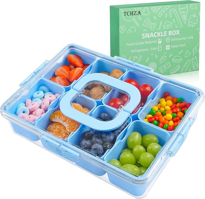 Snackle Box Container Dishwasher Safe Divided Serving Tray with Lid Handle | Charcuterie Board for Portable Snack Platters, Organizer for Fruits Snacks, Perfect for Road Travel - Light Blue