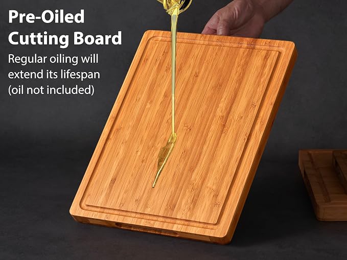Allsum Carbonized Bamboo Wood Cutting Boards for Kitchen, 1” Thick Wooden Butcher with Juice Grooves and Handles, Cute Cheese Charcuterie Boards as a Gift for Chef, Family, 3 Pack
