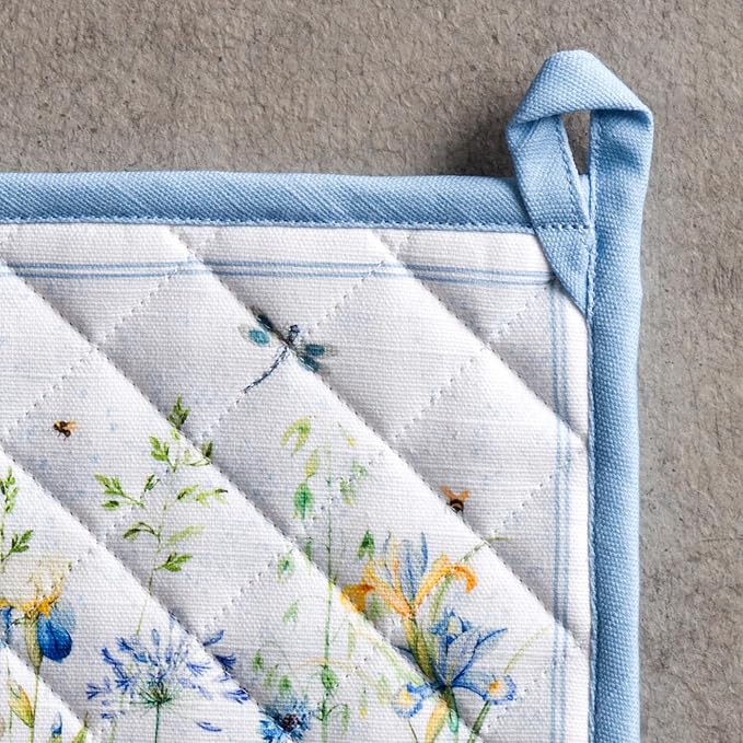 Maison d' Hermine Pot Holders 100% Cotton Potholders (8" x 8", Pack of 1) | Heat Resistant Hot Pads with Loop BBQ Cooking Baking Farmhouse Kitchen Handling Hot Pans Spring Summer - Fleurs De Mai