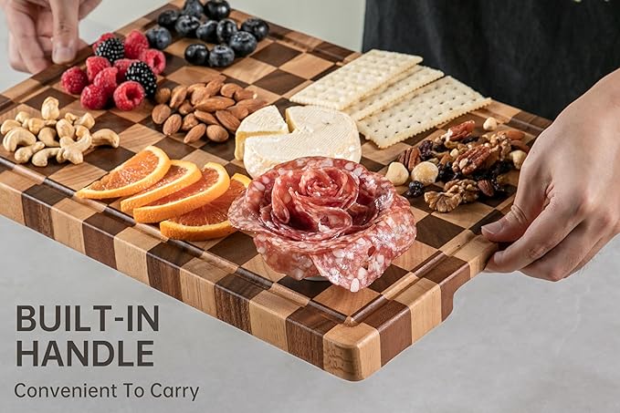 Cutting Boards for Kitchen, Checkered Cutting Board Upgraded, Acacia Wood Chopping Board with Juice Grooves & Handles, Large Butcher Block Serving Tray with Gift Box, 17"X12"X0.8"