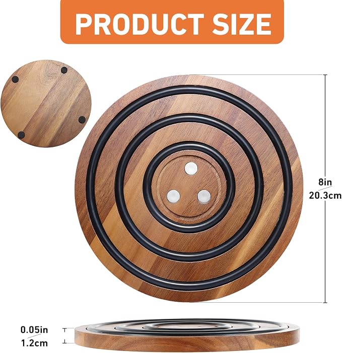 2 Pcs Magnetic Wooden Trivets, Acacia Wood with Black Silicone Rings, Magnetic Pot Holder for Le Creuset Enameled Cast Iron Dutch Oven & Cast Iron Skillets, Wood Trivet
