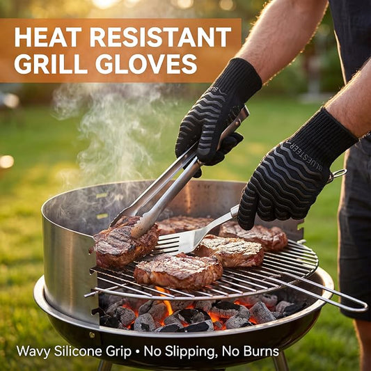 BBQ Gloves 1472°F Heat Resistant Oven Gloves with Fingers Heat Proof Grill Gloves Non-Slip Silicone Oven Mitts for Kitchen Cooking Grilling Baking Smoking Black