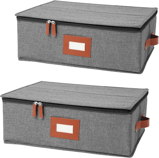 2 Pack Cup and Mug Storage Box with Dividers for 24 Tea Cups and Coffee, Coffee Mug Storage with Zipper Lid and Rivet Reinforced Handles, Protects Fine China, Hard Top, Sides and Stackable (Grey)