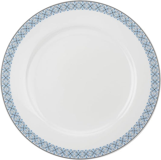 Portmeirion Home Mallorca 16 Piece Porcelain Dinnerware Set with Blue Geometric Border, 4 Place Settings - Ideal for Weekday Meals, Casual Brunches, Relaxed Dinner Parties, Small Family Celebrations