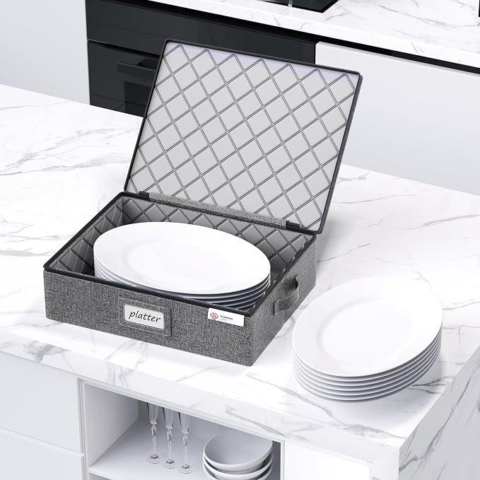 YearningHome China Storage Containers Hard Shell Box for Moving Dishes, Plate, Wine and Glasses, Dinnerware, Mugs, Saucers Quilted Organizer Dividers for Packing China Storage 2 Pack Platter Storage