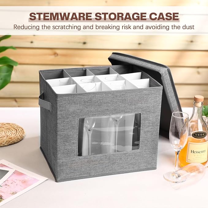 Uiifan 4 Pcs Champagne Flute Storage Box with Dividers 12 Compartment Stemware Storage Cases China Container Box with Lid, Handles, PVC Window for Moving, Gray