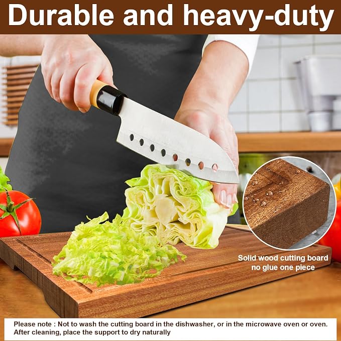 Wooden Cutting Boards For Kitchen Real Solid Sapele Wood Chopping Board One Piece Thick Hard No Glue Non Toxic With Juice Groove And Stand All Whole Single Wood Butcher Block (18 * 12 * 1.2Inch)