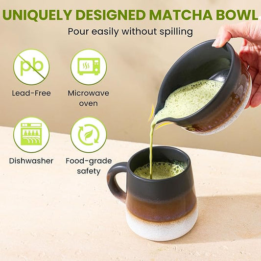 Matcha Whisk Set, Ceramic Matcha Set Desert Series, Matcha Bowl, Matcha Whisk and Holder, Bamboo Scoop, Scoop Rest, Sifter and Tea Towel 7 Pcs Matcha Kit for Birthday Christmas Gift (Matte Black)