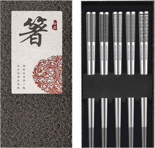 Rbenxia Metal Steel Chopstick Stainless Steel Spiral Chopsticks 9.25 Inches Long Lightweight Chopstick Set Reusable Classic Style for Kitchen Dinner 5 Pairs Silver