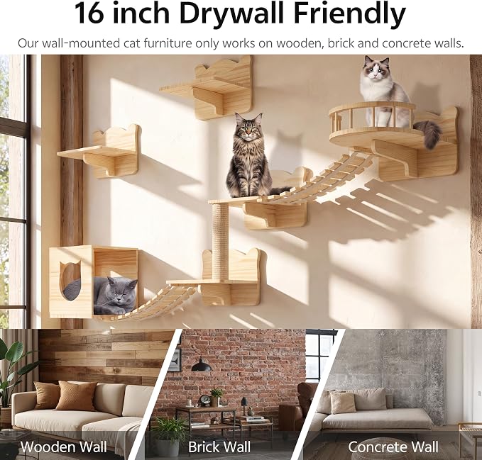 Cat Wall Shelves, 9 in 1 Wood Cat Wall Furniture Set with Bridge | Stable & Safe Wall Mounted Cats Shelf Furniture with Scratching Posts, Floor Space-Saving Cat Climbing Systems, Burlywood