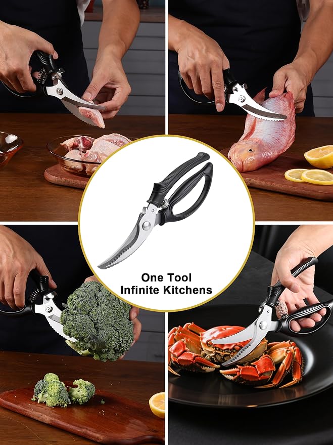Poultry Shears, Kitchen Shears with Spring Loaded, Heavy Duty Poultry Scissors for Meat, Chicken,Turkey, Anti-Slip Handle,Safety Lock,Dishwasher Safe