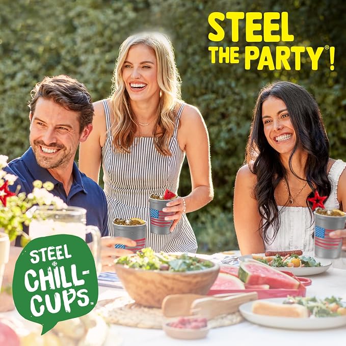 Steel Chill Cups 16 oz. Reusable Party Cups America the Beautiful, 12 Count | Made in USA from Steel these durable cups chill fast & keep your drink cold for longer, 100% recyclable for sustainablity