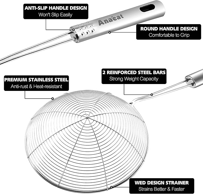 Anaeat Stainless Steel Spider Skimmer, Set of 3 Professional Kitchen Pasta Strainer Spoon with Long Handle - Asian Strainer Ladle Wire Skimmer Spoons for Cooking and Frying (4.5"+5.3"+6.1")