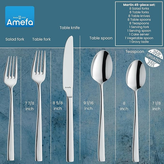 Amefa 45-Piece Flatware Cutlery Set, Service for 8 - Dishwasher Safe 18/10 Stainless Steel, High Gloss Mirror Finish & Ergonomic Design, Complete Silverware Collection - 5-Piece Serving Set (Martin)