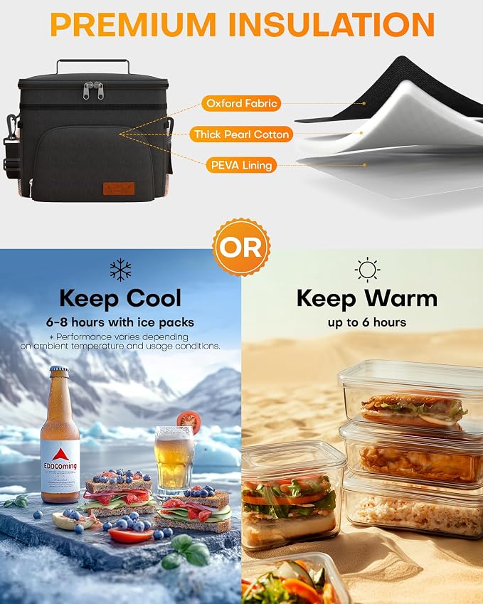 HOTOR Insulated Lunch Box Men Women Leak-Proof Cooler Lunch Bag 15L | 4 Pockets, Adjustable Strap, Ideal for Work, Picnic, Travel, Camping, Gift