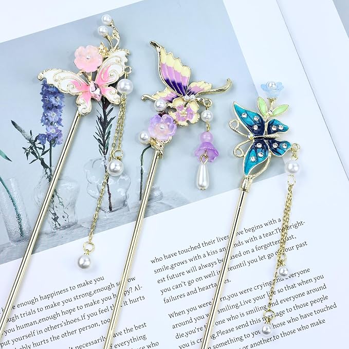inSowni 8 Pieces Retro Asian Chinese Traditional Hanfu Gold Metal Fan Lotus Flower Butterfly Hair Pins with Bead Pendants Long Hair Sticks Forks Bun Updo Holders Hairpins for Women Girls (8PCS S6)