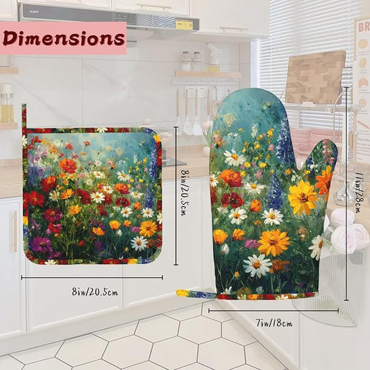 Vintage Oil Painting Flower Field Oven Mitts and Pot Holders (4PCS),Heat Resistant Non-Slip Silicone Kitchen Gloves for Cooking, Baking, BBQ Waterproof Kitchen Accessories