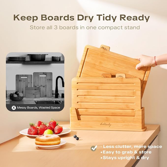 Bamboo Cutting Boards for Kitchen Set of 3, Large 14’’ x 10’’ with Holder, Wooden Cutting Board with Juice Groove & Labels for Meat Vegetables Bread