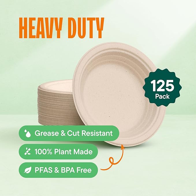 100% Compostable Deep Dish Plates - 9 Inch [125-Pack] Heavy Duty Brown | Eco-Friendly Biodegradable Sugarcane Bagasse Dinner Plates, PFAS-Free & BPI Certified Unbleached Party Supplies, Stack Man