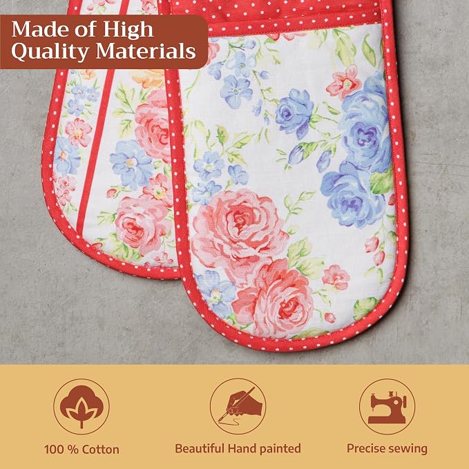 Maison d' Hermine Double Oven Mitts 100% Cotton Double Oven Glove (7"x35") | Heat Resistant BBQ Cooking Gloves with Loop Baking Grilling Kitchen Hotel Home Farmhouse Spring Summer - Vintage Floral