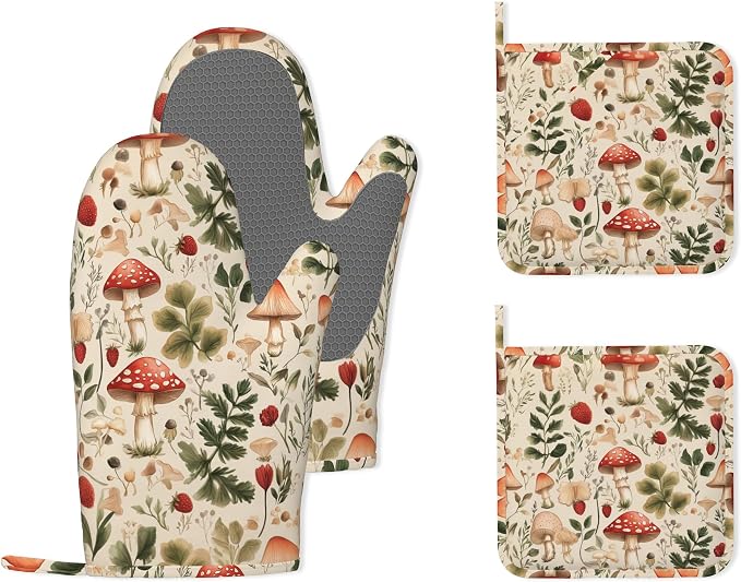 Red Mushroom Forest Strawberry Silicone Oven Mitts and Pot Holders,Heat-Resistant 4 Piece Kitchen Set Non-Slip Oven Gloves and Hot Pads for Cooking, Baking, Grilling,BBQ