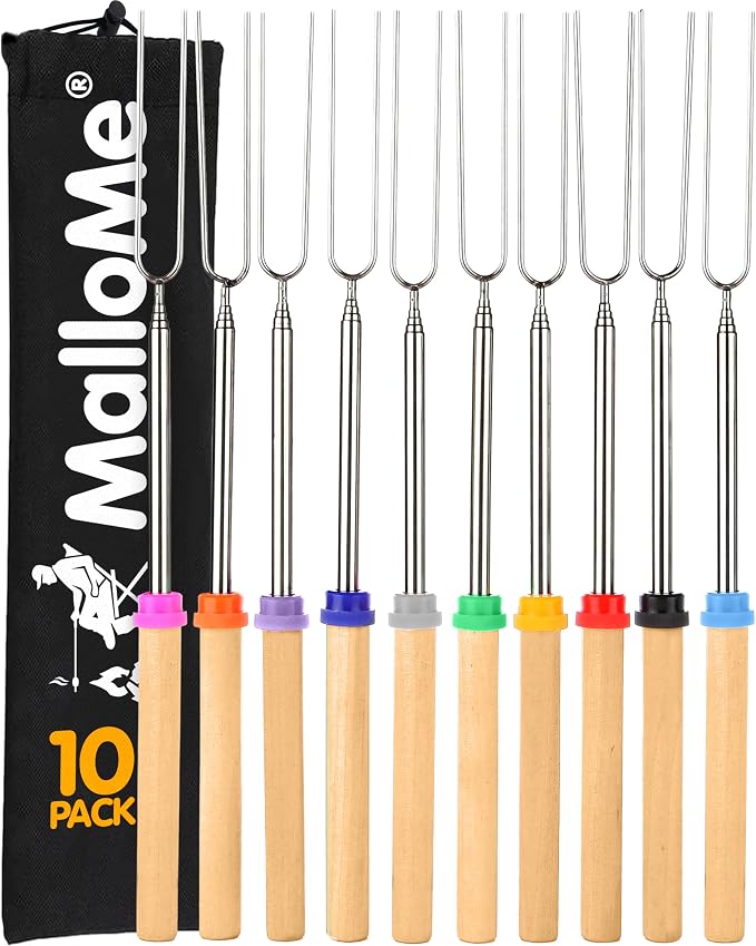 MalloMe Smores Sticks for Fire Pit - Accessories for Campfire Marshmallow Roasting Sticks Smores Kit Outdoor - Smore Skewers Hot Dog Fork For Outside, Camping Essentials Bonfire Gear Long 32" 10 Pack