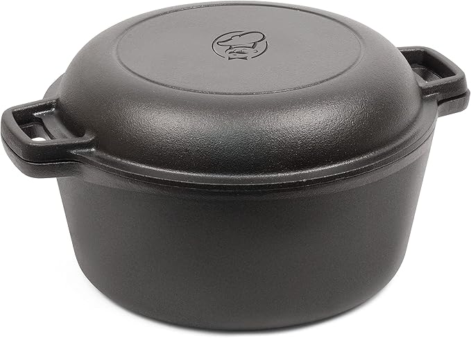 Commercial Chef 2-in-1 5-Qt. Dutch Oven, 10.25-Inch Skillet Lid, CHFL508 | Pre-Seasoned Cast Iron, Works on All Cooktops Including Induction, Outdoor Cookware for Campfires or Grills