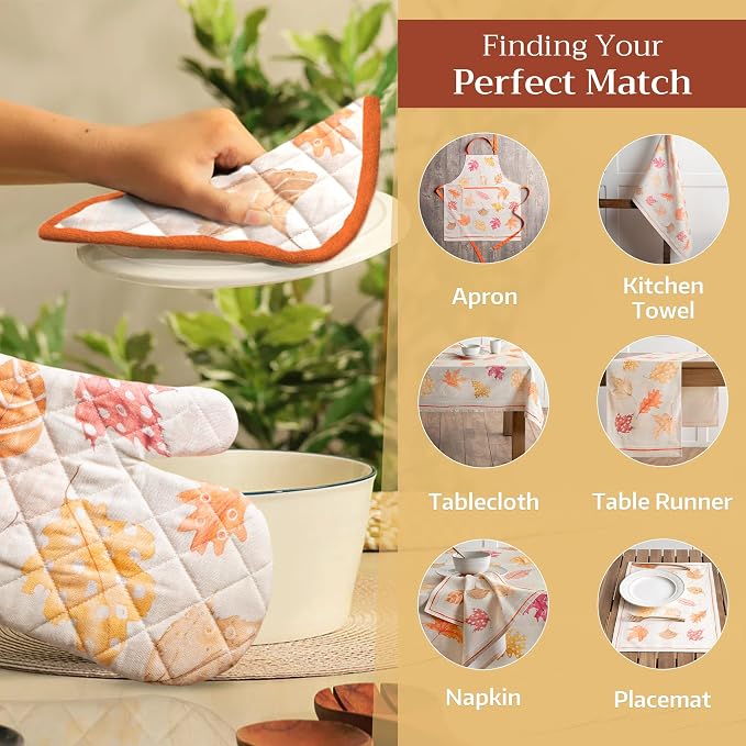 Maison d'Hermine Oven Gloves 100% Cotton Oven Mitt (7" x 13", Pack of 1) | With Loop Heat Resistant BBQ Cooking Gloves Baking Kitchen Handling Hot Pans Thanksgiving Christmas - Colours Of Autumn
