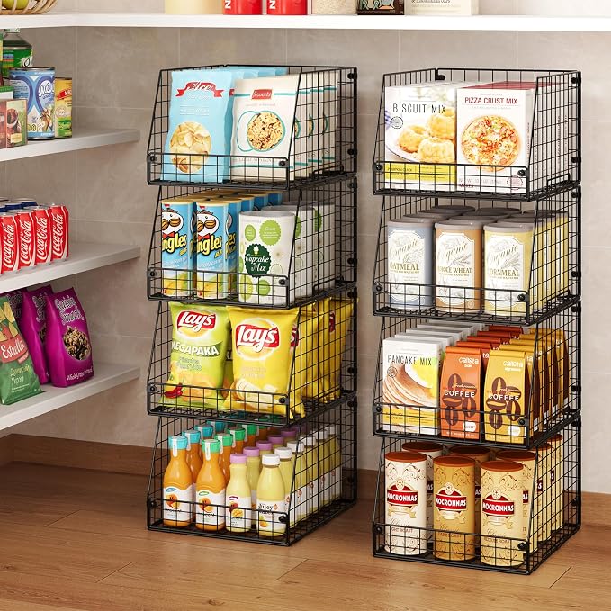 Jakyitvi 4 Pack XXL Stackable Wire Storage Basket, Extra Large Capacity Pantry Organizer and Storage, Muti-Purpose for Fruit Vegetable Basket & Toy Bin & Snack Organizer