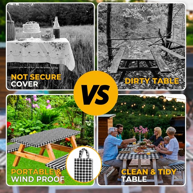 Vinyl Fitted Picnic Table Cover with Bench Covers & Bag 6ft Black Checkered | Rnoony Outdoor Waterproof, Windproof Tablecloth with Elastic Edges. Camping RV Gear Campers Must Have 72x30 Inches