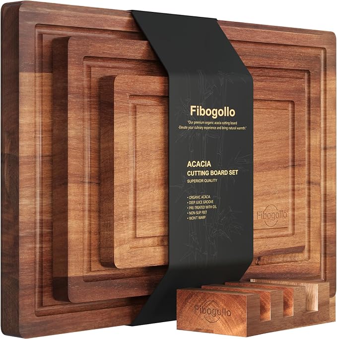 Fibogollo Set of 3 Acacia Wood Kitchen Cutting Boards with Holder | Wooden Chopping Boards Set with Juice Groove, Serving Board with Storage Stand,Butcher Block for Meat,Vegetables,Fruit