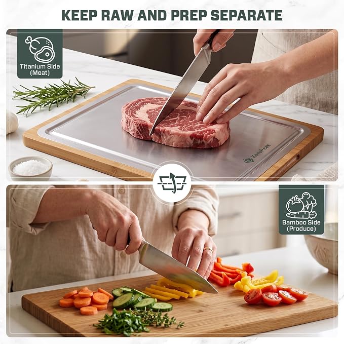 Pure Titanium Cutting Board with Bamboo, Double Sided, Microplastic Free | Knife friendly, Non-Porous, Juice groove, Handles, Chicken, Fish, Steak Cutting Board, Non-Slip, Hand Wash Easily 16x12"