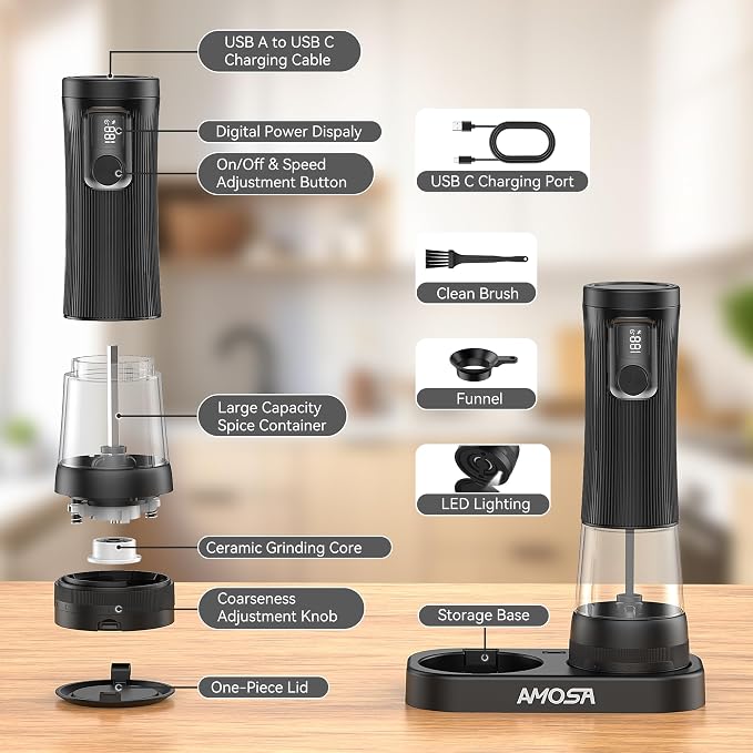Electric Salt and Pepper Grinder Set, Upgrade 2-Speed Setting, External 5 Adjustable Coarseness, Rechargeable Automatic Salt & Pepper Shakers Mill with Battery Display, Storage Base & Led Light, Black