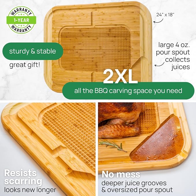 HUGE Organic Bamboo Extra Large Carving Board with Lifetime Replacements - 2XL Meat Cutting Board and Wooden Butcher Block with Pour Spout, Turkey Platter for Christmas Holiday Essentials
