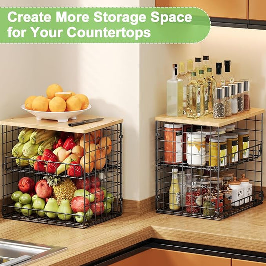 4 Pack Stackable Wire Baskets for Pantry Organizers and Storage, Pantry Baskets with Fixed Wooden Top, Fruit and Vegetable Storage Bins for Organizing Onion Potato Snack for Kitchen Cabinet/Countertop