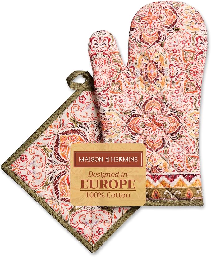 Maison d' Hermine 100% Cotton Oven Mitt & Pot Holder Set (7.5"x13" & 8"x8") | Heat Resistant BBQ Cooking Gloves with Loop Baking Grilling Kitchen Hotel Home Farmhouse Thanksgiving Christmas - Damask