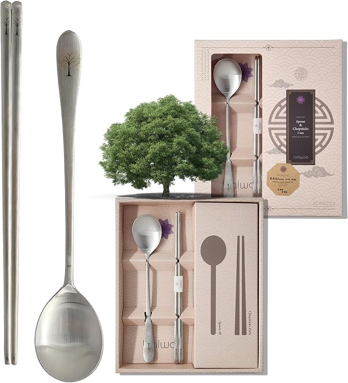 [5 Sets] [Made in Korea] Korean Sticky Rice Spoon Chopsticks Set Gold Titanium Plating 304 Stainless Steel Tableware Cutlery Set Mukbang Chopsticks (Willow Tree, 5 Sets)