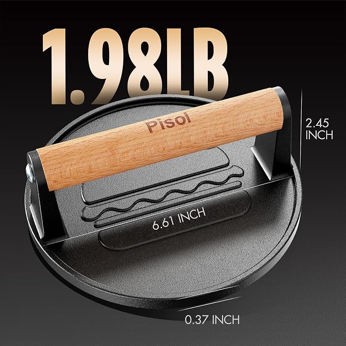 Pisol Pre-Seasoned Cast Iron Smash Burger Press, 2 lb Meat Press Tool 6.6” | Rustproof, Pre-Seasoned, Flat Bottom, Round, Wooden Handle, Dishwasher Safe, No Stick, Easy to Clean, 6.6'' Wide, 2lb